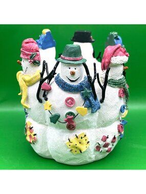 Snowman Family Candle Holder Christmas Votive Décor Resin Folk Art 4" Tall READ!